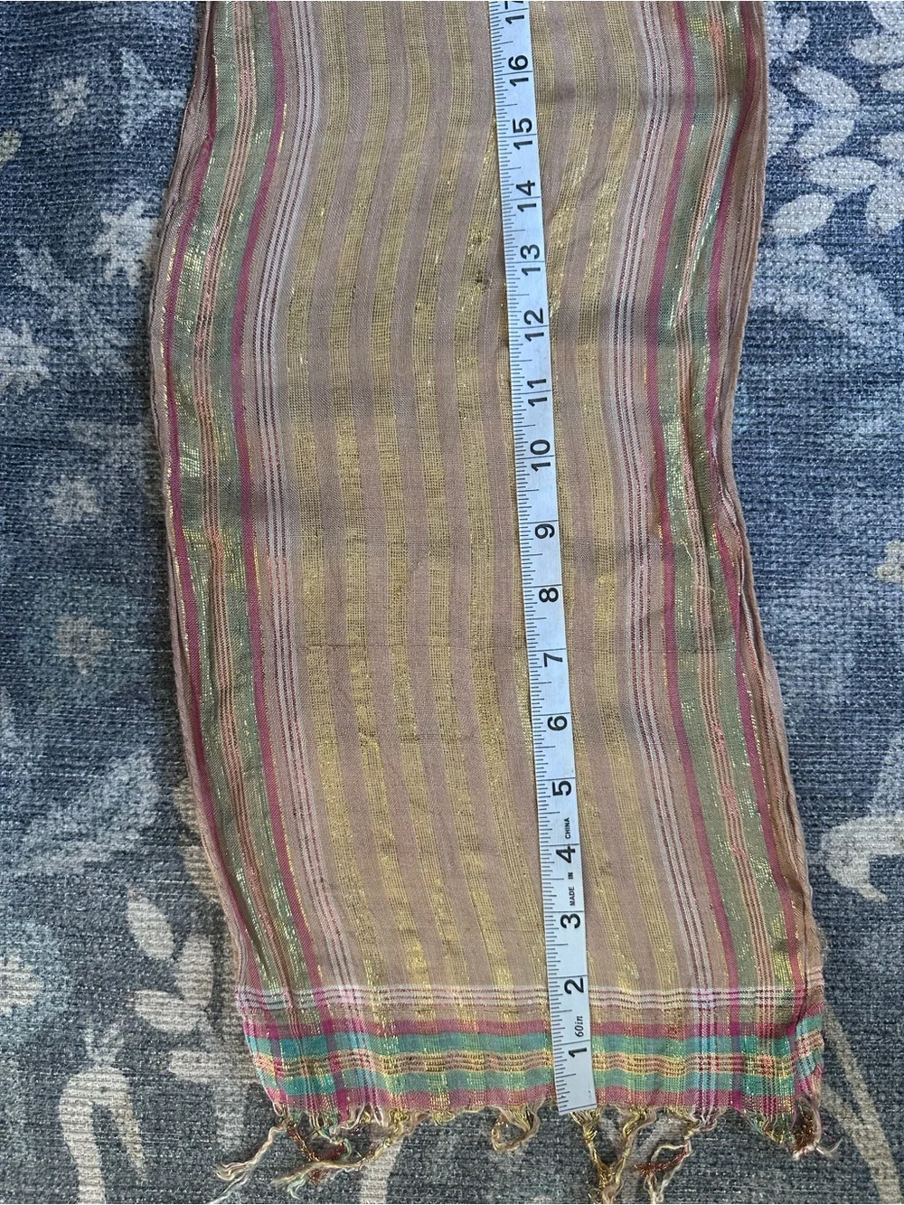 Light Cream Metallic Gold Stripe Fringe Scarf Green Red